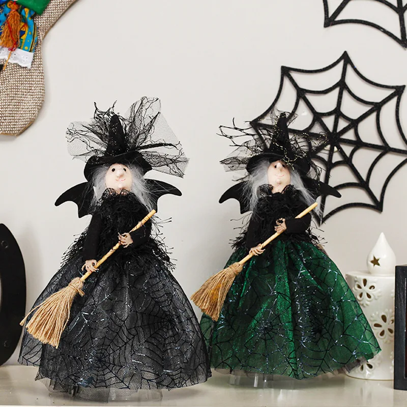 Halloween Broom Witch Doll Haunted House Doll Ornaments Black Spider Web Dress Witch Halloween Ghost Festival Decorate Props