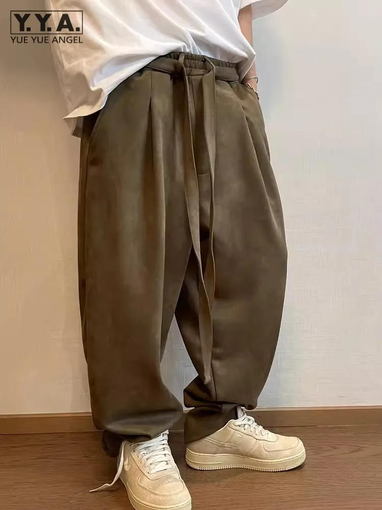 

Spring Fashion Men Faux Suede Leather Loose Fit Harem Pants Strap Lace Up Vintage Casual Hip Hop Baggy Pants Long Cross Trousers