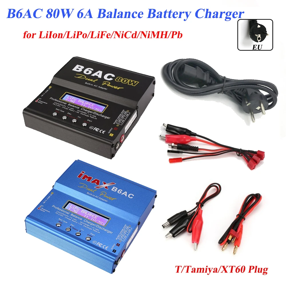 

RC B6AC Balance Charger 80W 6A AC/DC Lipo NiMh Li-ion Ni-Cd Battery Discharger T/Tamiya/XT60 Plug for Car Helicopter Drone Plane