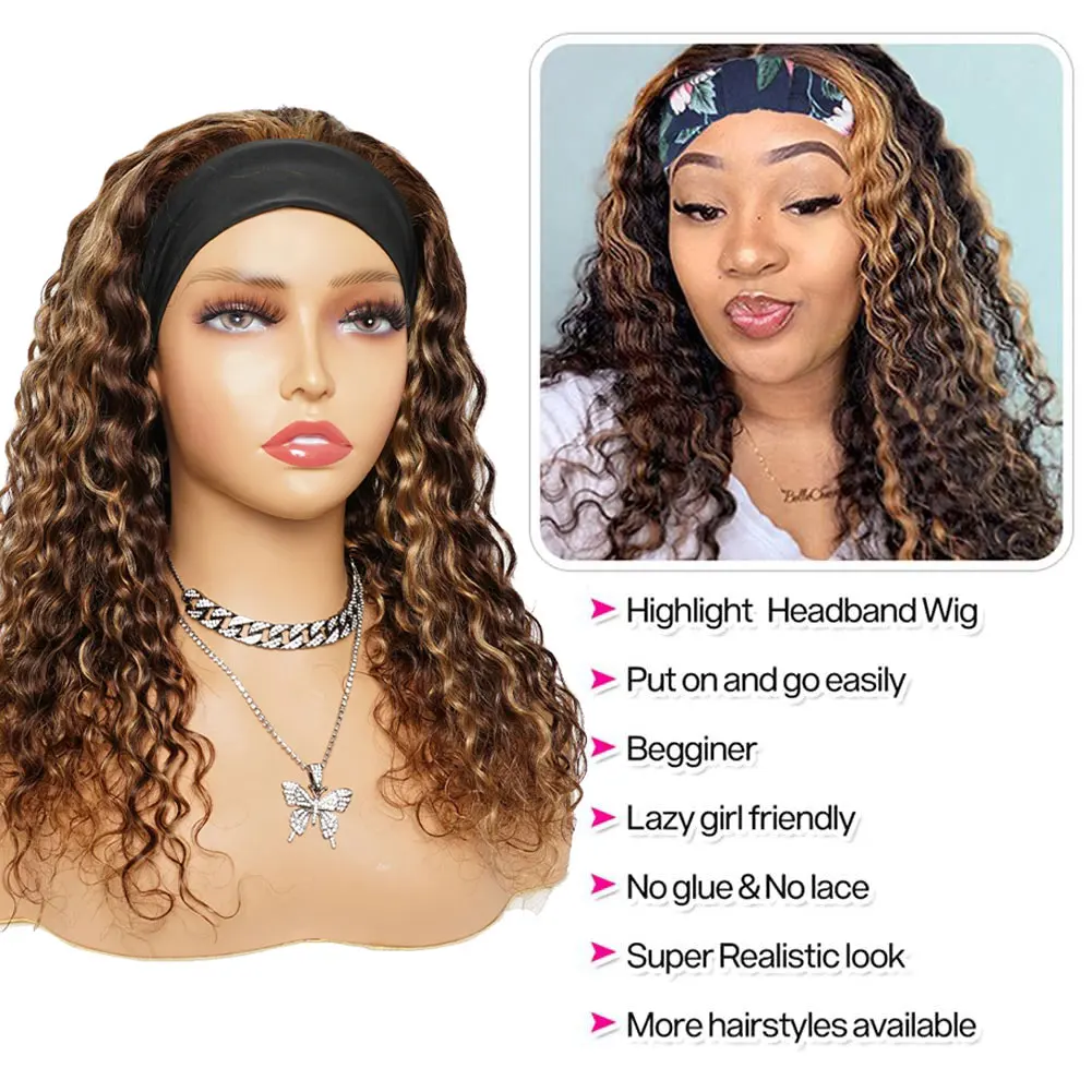 Highlight Headband Wig Human Hair 180 Density Water Wave Human Hair Wigs Honey Blonde Colored Full Machine Made Wig