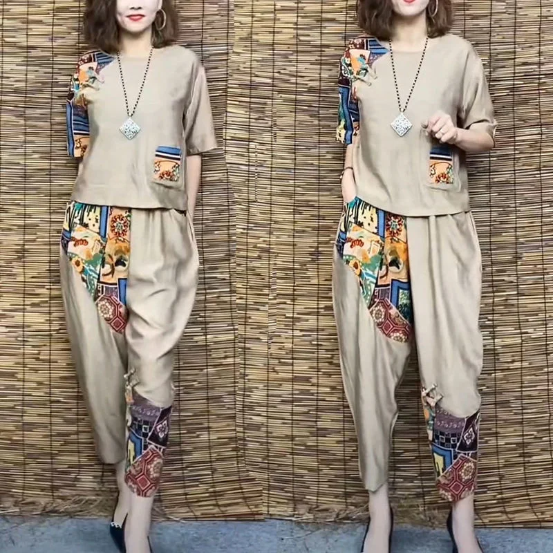 Women's Summer Cotton Linen Two-Piece Casual Suit