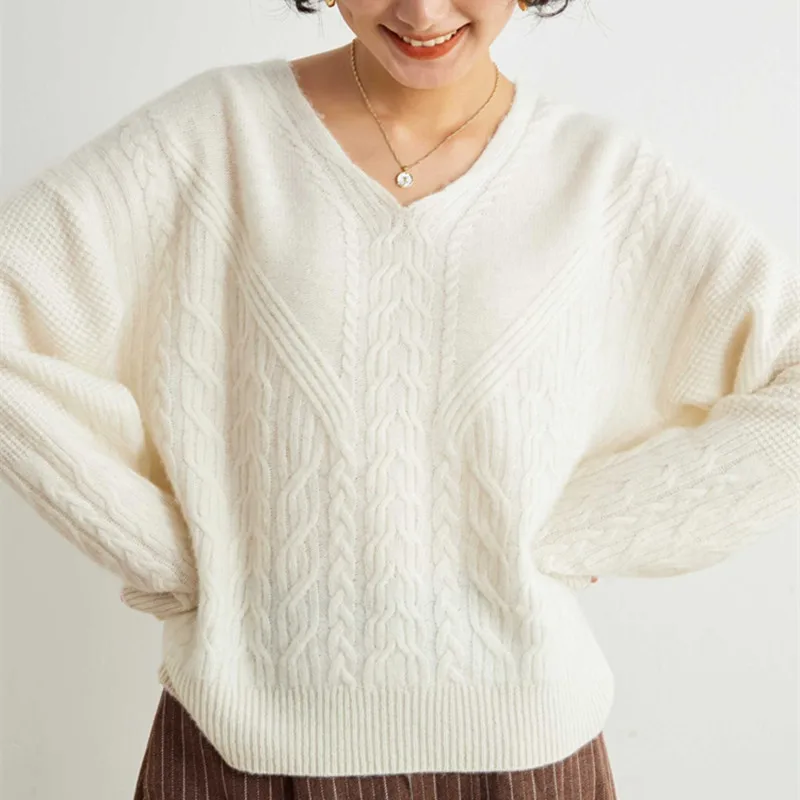 

2023 Hot Sale Autumn Winter Women 100% Cashmere Sweater V-Neck Thicken Pullover Female Long Sleeve Loose Large Size Knit Jumper