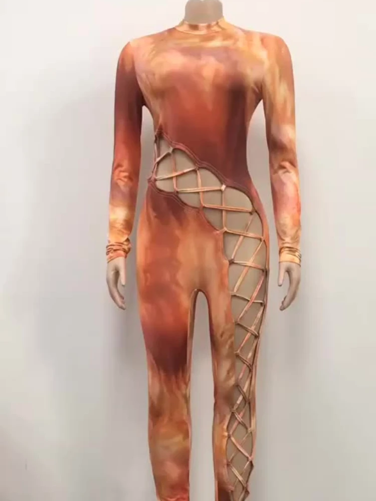 

2023 new spring Women Sexy Clothing Cute Bodysuit Romper Night Club Outfit Hollow Out Strap Tie Dye Bodycon Jumpsuit