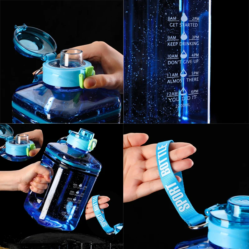2,2 l Sport-Fitness-Wasserflasche, tragbarer Gurtkessel, große Kapazität, Wasserbecher für den Außenbereich mit Waage, Strohhalm für Männer und Frauen_voghion.com