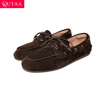 QUTAA News Fashion Cow Suede Women Flats Shoes Woman Spring Lace-up Leather Casual Loafers Shoes Round Toe Ladies Dress 35-43 1