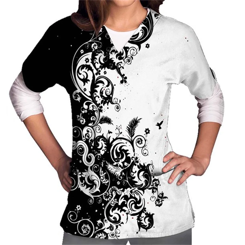 Healthcare Nurse Tunic Uniforms Women Short Sleeve Medical Scrubs Tops Flower Print Pockets Workwear for Clinic Nurse uniform suits nurse uniform dress working uniform blouse nurse scrubs top