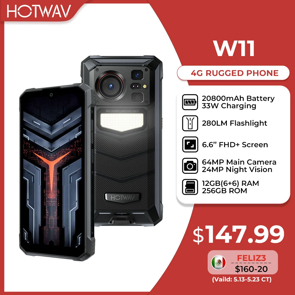 

HOTWAV W11 Rugged Phone 280LM Flashlight 6.6'' FHD+ 20800mAh Battery Smartphone 24MP Night Vision 33W Fast Charging Mobile Phone