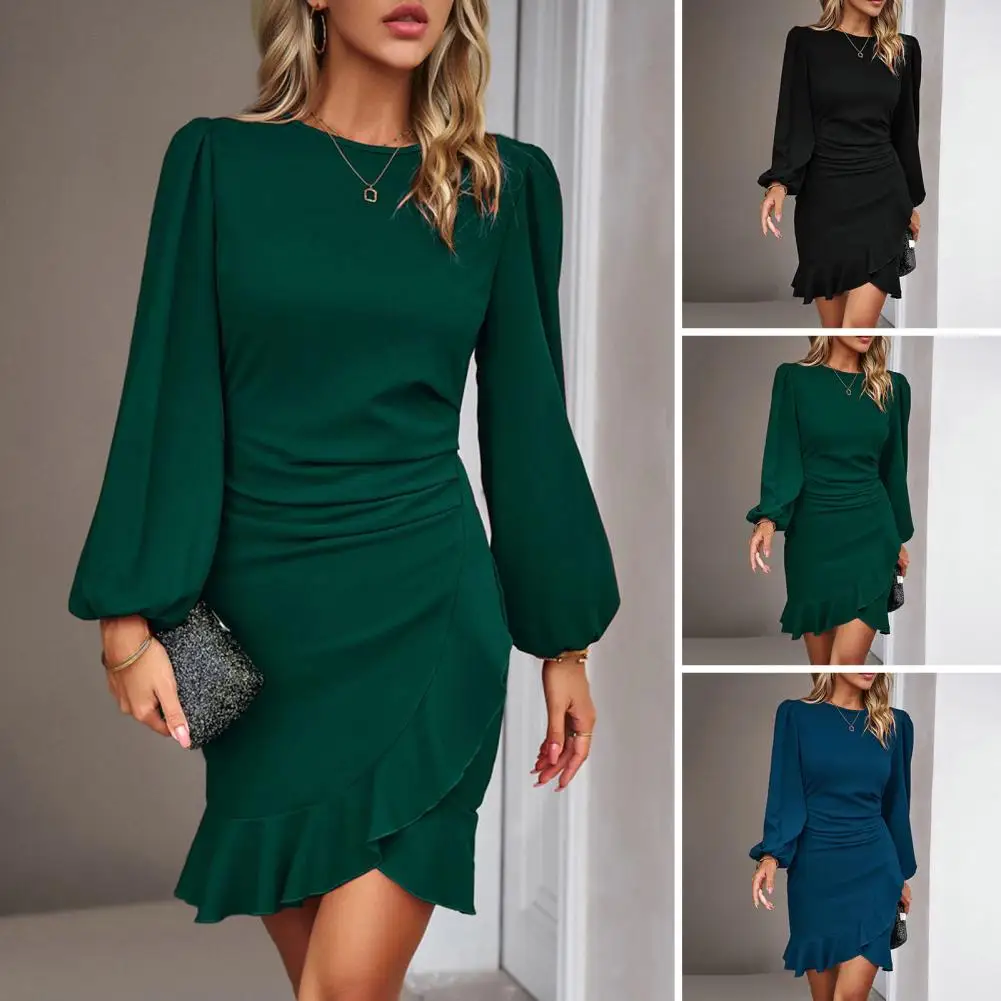 

Crew Neck Dress Elegant Flared Sleeve Mini Dress with Irregular Ruffle Hem Office Lady Chic Short Dress Crew Neck Solid Color