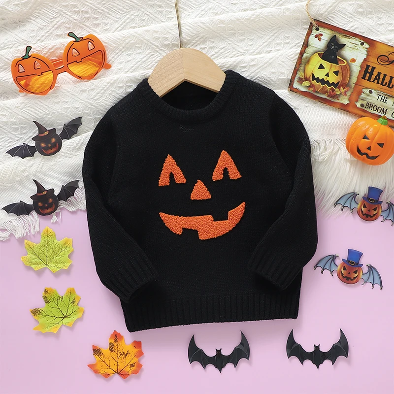 VISgogo Toddler Boys Girls Halloween Sweaters Witch Pumpkin Long Sleeve Round Neck Ribbed Knitted Pullover Fall Winter Clothes