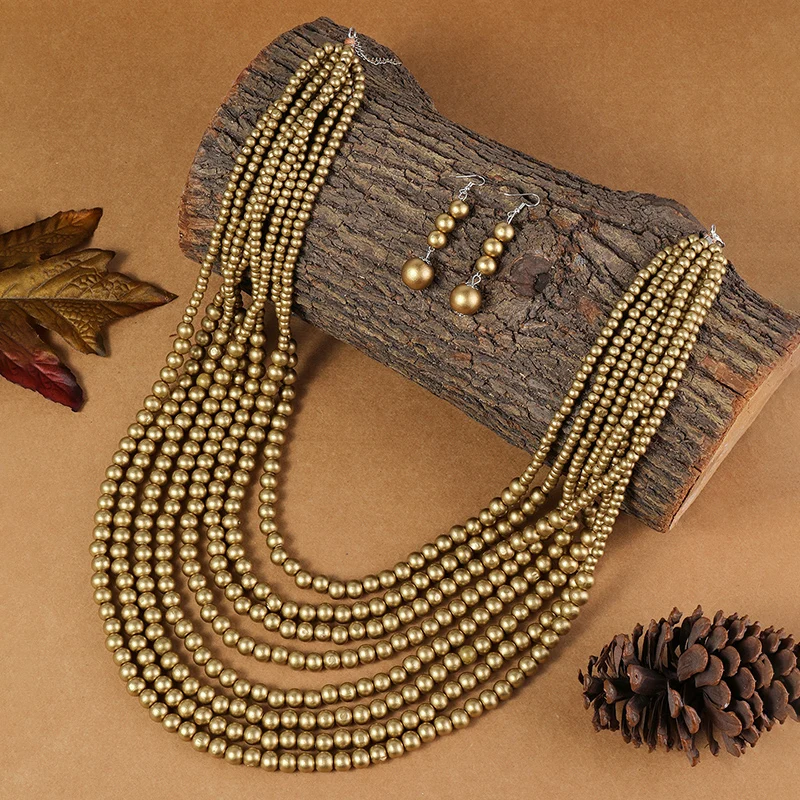 1SET Afrikanischen Stil Multi-Schicht Holz Perlen Schmuck-Set Halsketten Bunte Böhmische Halskette Ohrringe Set Partei Schmuck – Detail 5