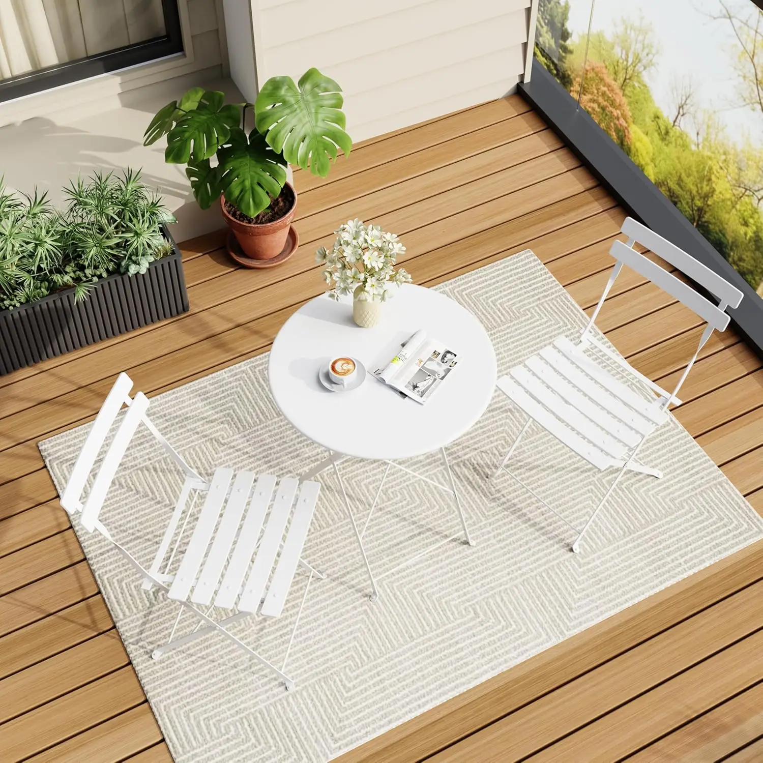 Bistro Table & Chairs Set of 2. 3-Piece Folding Patio Set. Premium Frame. Foldable Table. For Balcony, Yard, Garden. White.