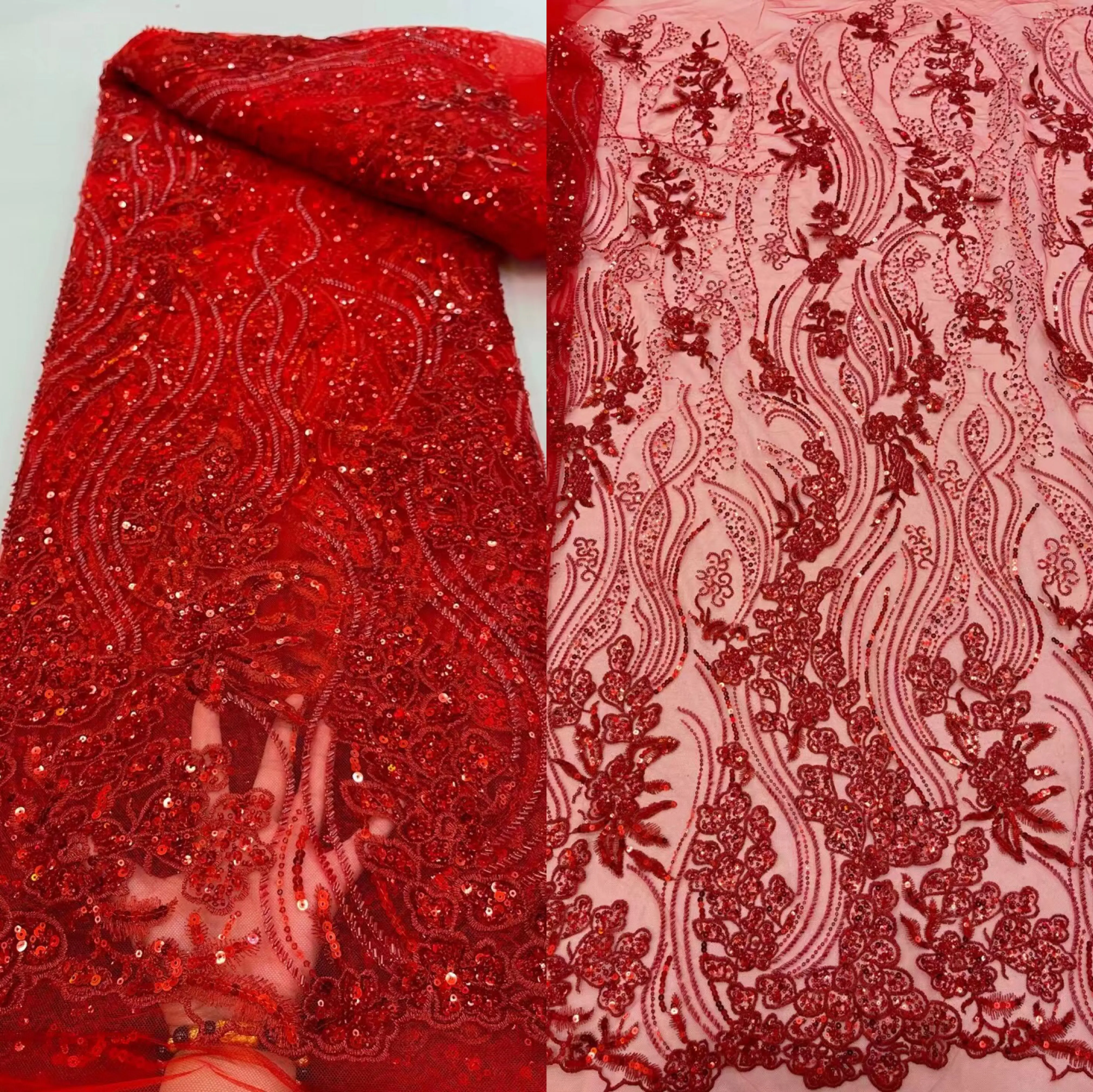 

New Sequins beads Embroidery French Tulle Lace Fabric ZH-1228858 High Quality Nigerian Wedding Dress African Lace Fabric