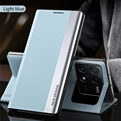 Luxury Leather Flip Stand Phone Case with Kickstand and Plating Finish for Poco X6 Pro (Light Blue)