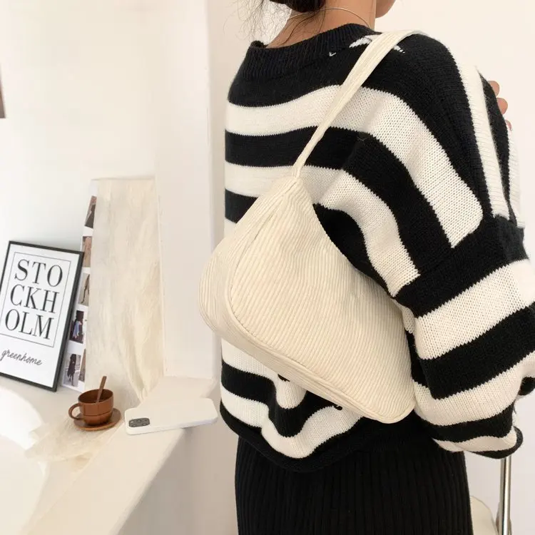 2023 Fashion Vintage Vrouwen Handtassen Corduroy Onderarm Tas Casual Vrouwen Schoudertassen Effen Kleur Rits Vrouwelijke Handtas Clutch