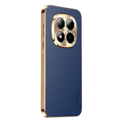 Luxury Vegan Leather Phone Case with Alloy Lens Frame and Shockproof Design for Redmi note 15 pro+ 5g (Blue)