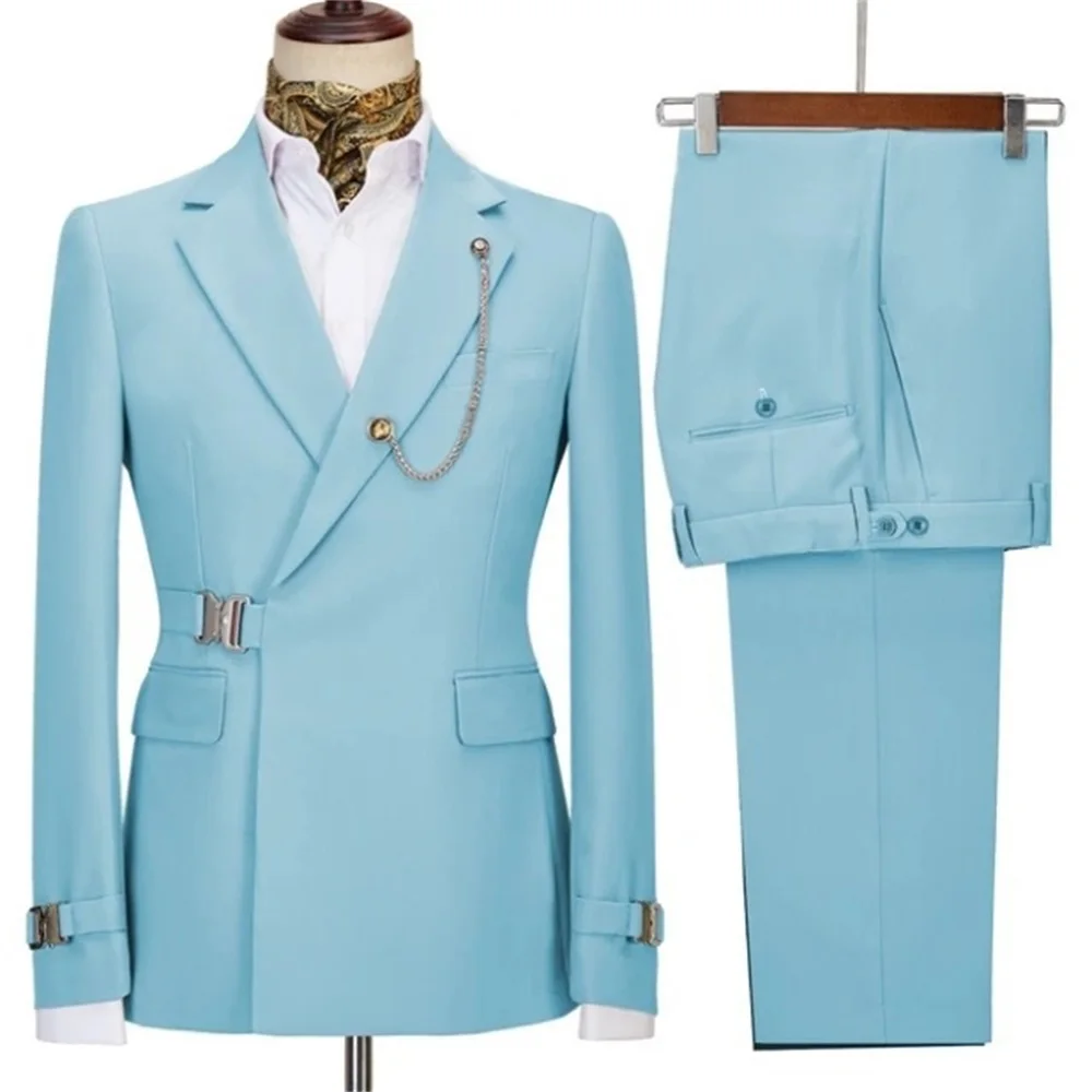 2 Pieces Men's Business Suits Regular Fit Notch Lapel Prom Tuxedos For Wedding (Blazer+Pants) Fashion Pink Blue Male Jacket Sets