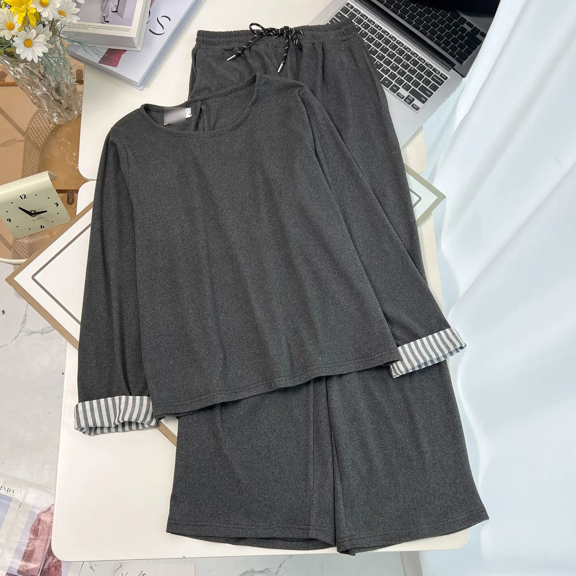 Plus Size Women's Two Piece Set Of Casual Cashmere Striped Cuffs Long Sleeve Top And Drawstring High Waist Pants Autumn 2025