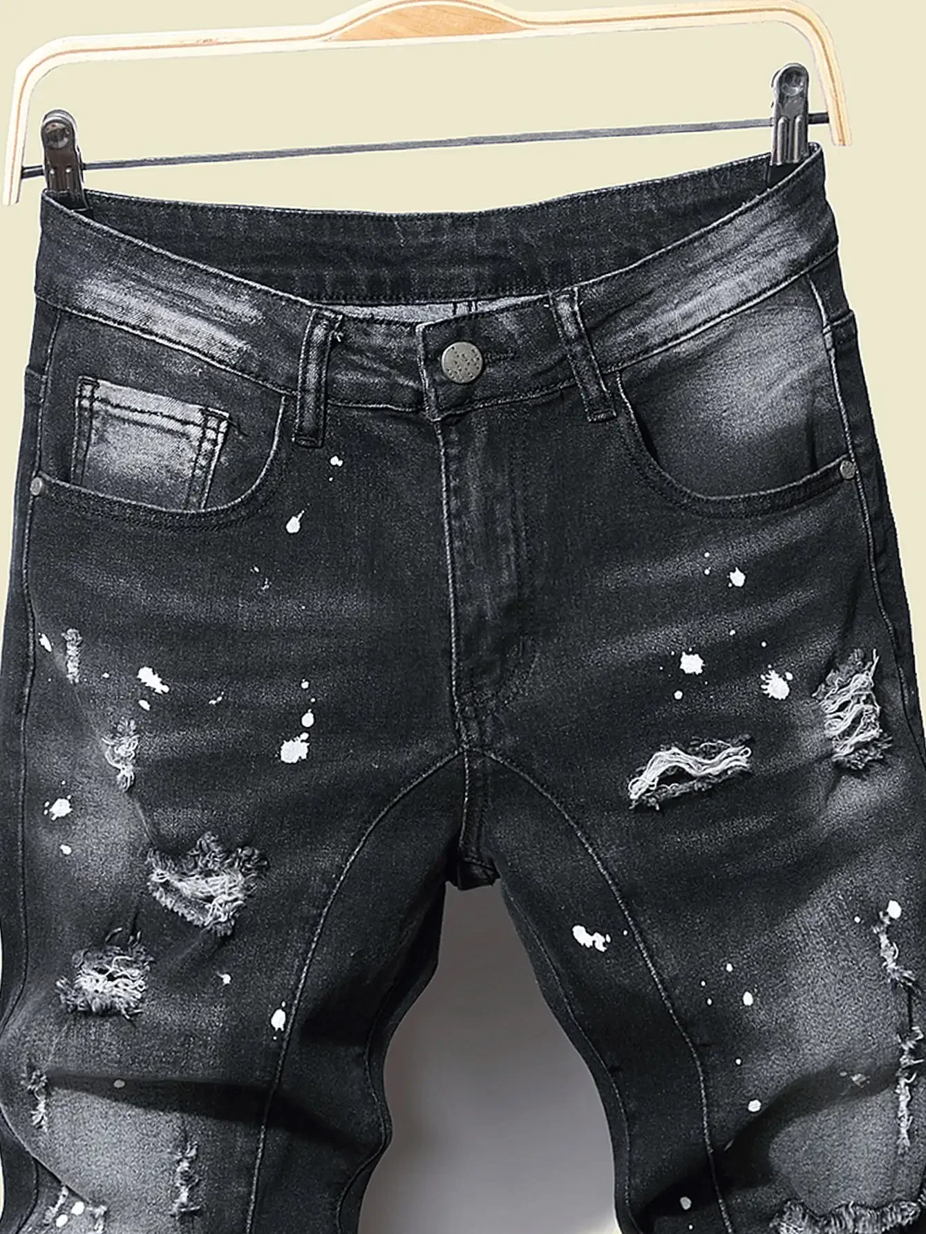 Men Black Skinny Denim Spot Jeans Ripped Stretch Fit Slim Trousers Long Pants Streetwear Casual