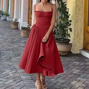 Sleeveless and Backless Spaghetti strap Elegant Corset A-line Loose Midi Dress