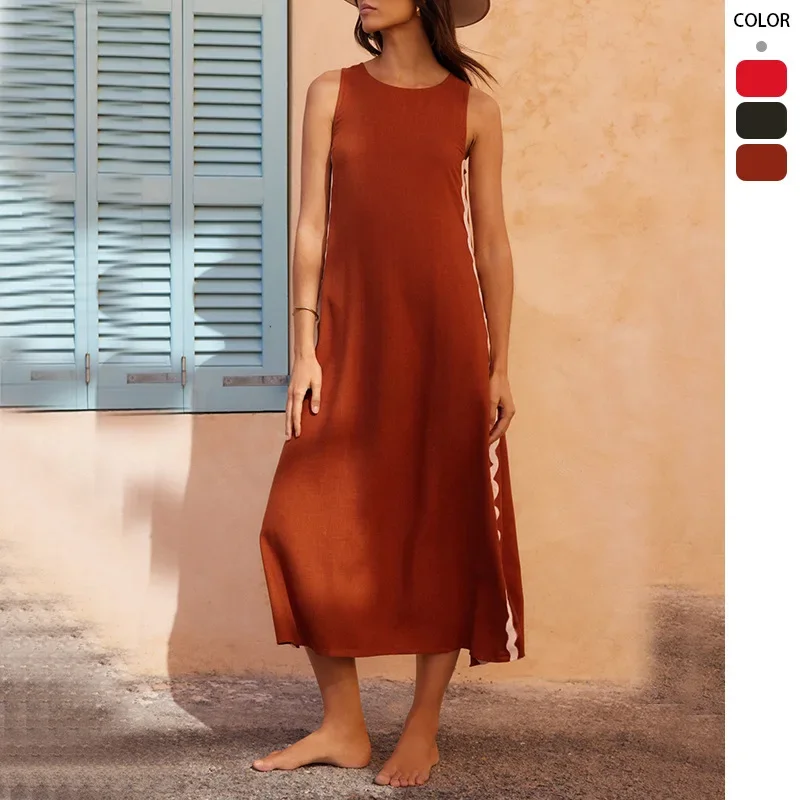 Summer Solid Color Sleeveless Halter Lace Up Wooden Ear Mesh Stitching Women Dress