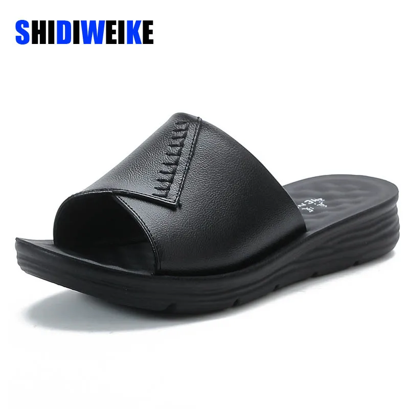 

SDWK New Women Slippers Summer Genuine Leather Shoes Platform Slippers Women Black Zapatillas Mujer AD3631