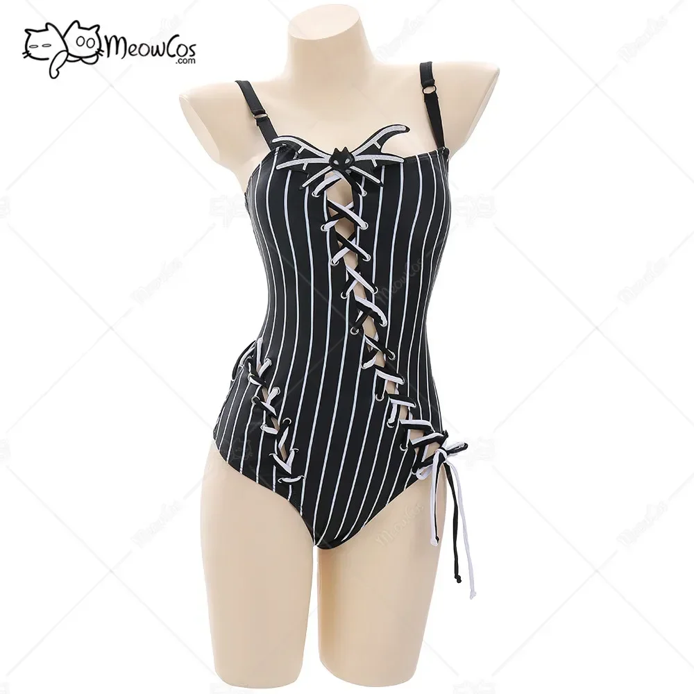 

Meowcos Women Swimsuits for Women Gothic Skull Style Striped Bathing Suit Tummy Control One-piece Swimwear with Choker