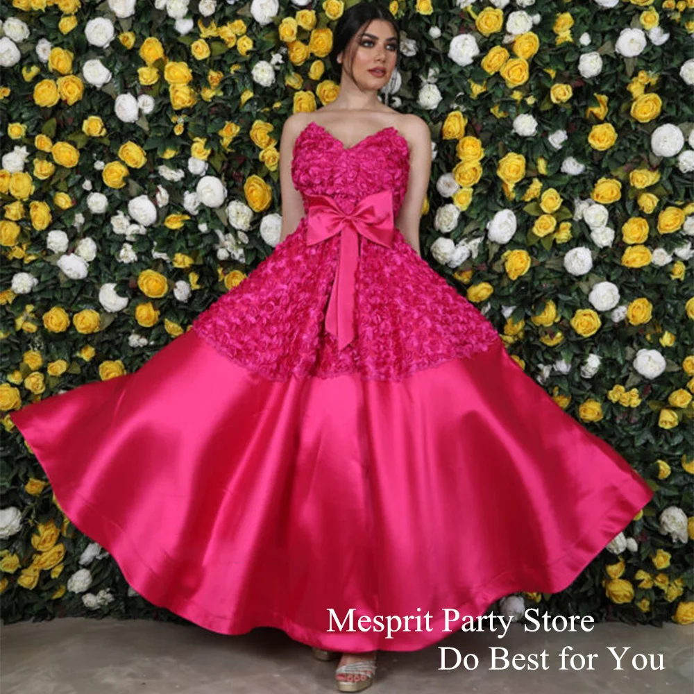 

Fuchsia Evening Dress V Neck Sleeveless Rose Flower Satin Cocktail Party Gown Ankle Length A Line Prom Dresses with Bow