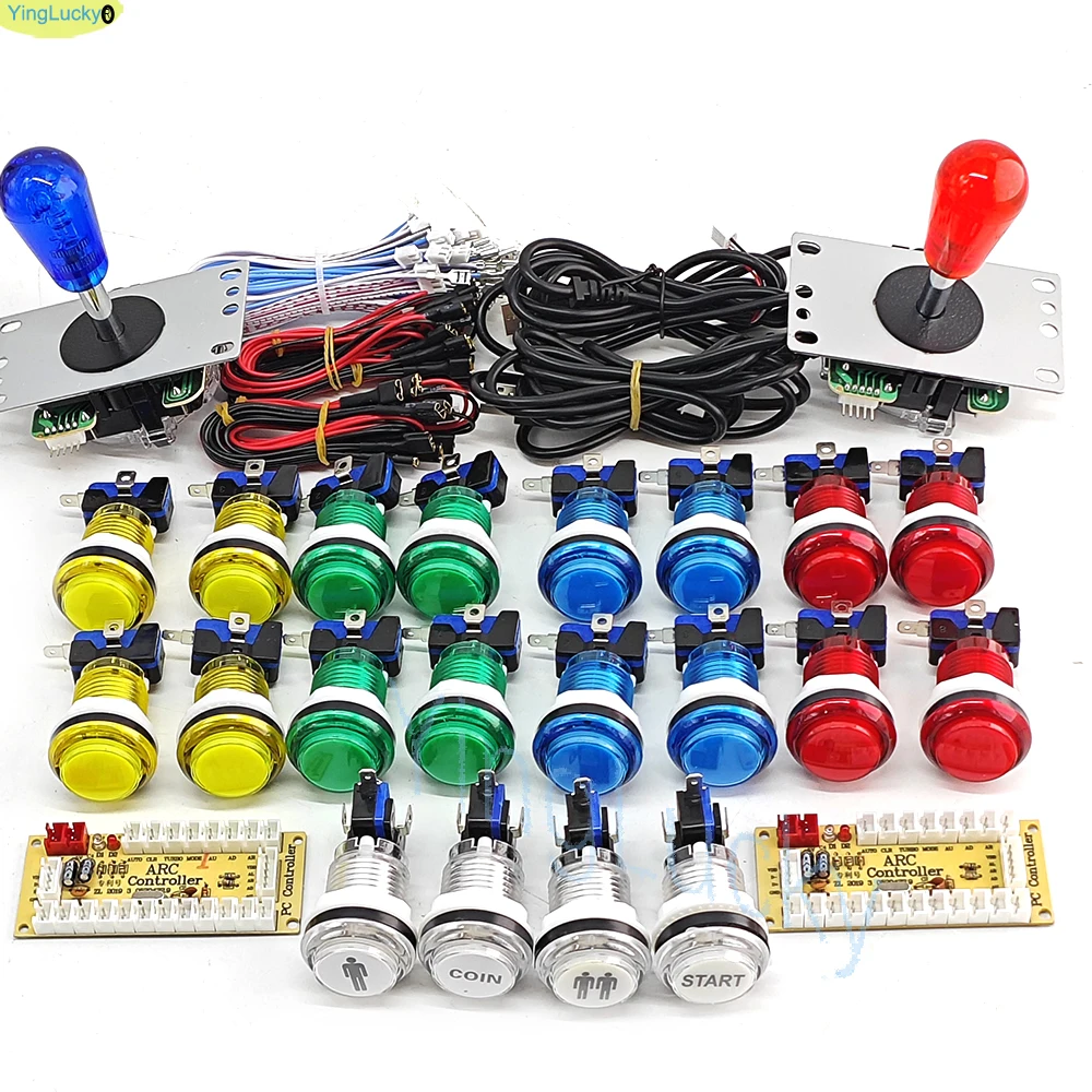 Dual Player DIY Arcade Game Kit with LED Push Buttons and American-Style Joystick