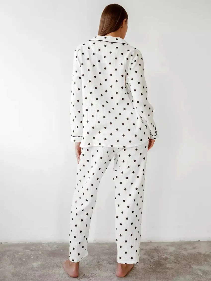Marthaqiqi Polka Dots Ladies Pajamas Suit Sexy Turn-Down Collar Sleepwear Long Sleeve Nightwear Pants Female Nightie 2 Piece Set