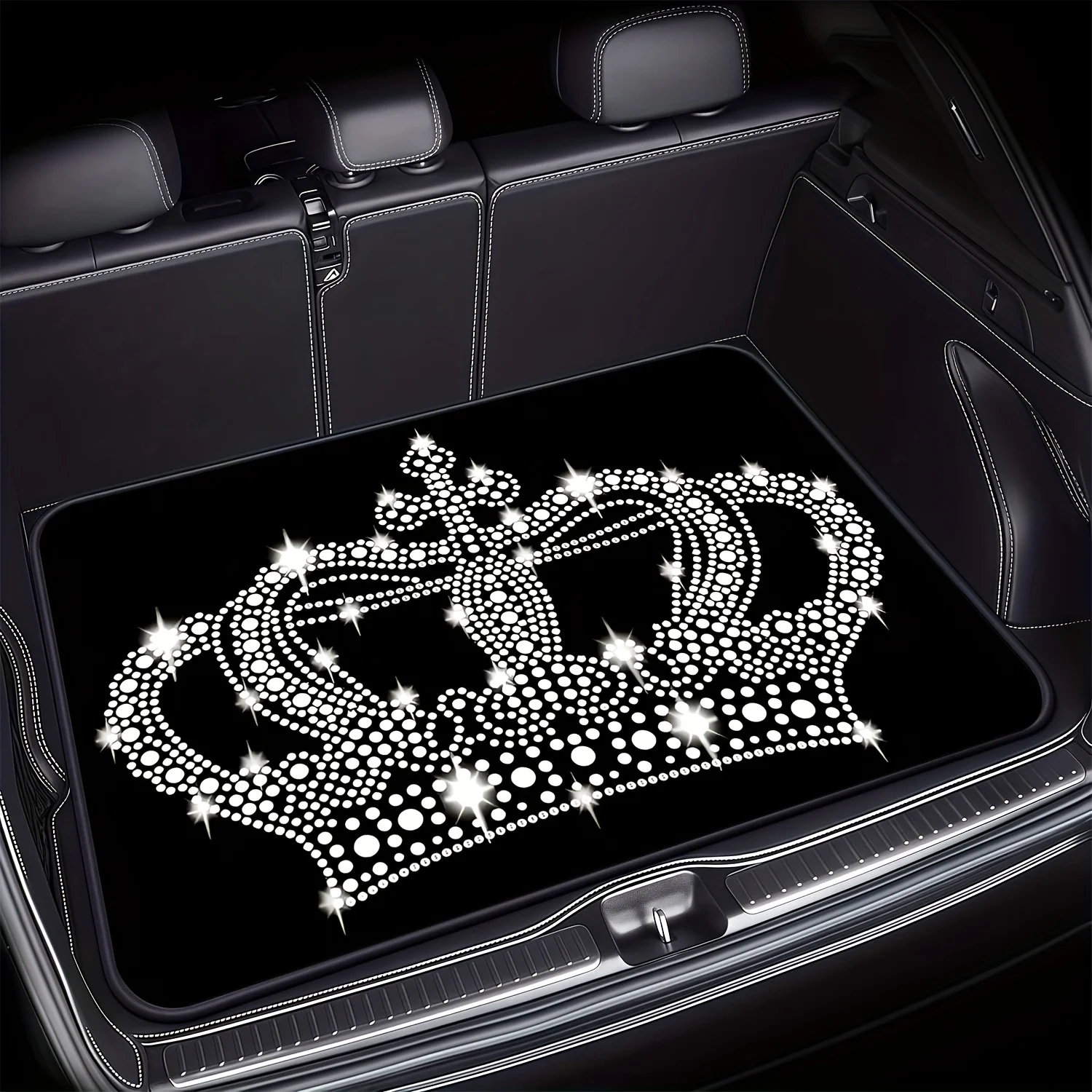VIKAMA Kofferraummatte mit Kronen-Print, Universelle Schmutzabweisende Laderaumauskleidung, Luxuriöser Auto-Innenraumschutz für Alle Modelle – Detail 1