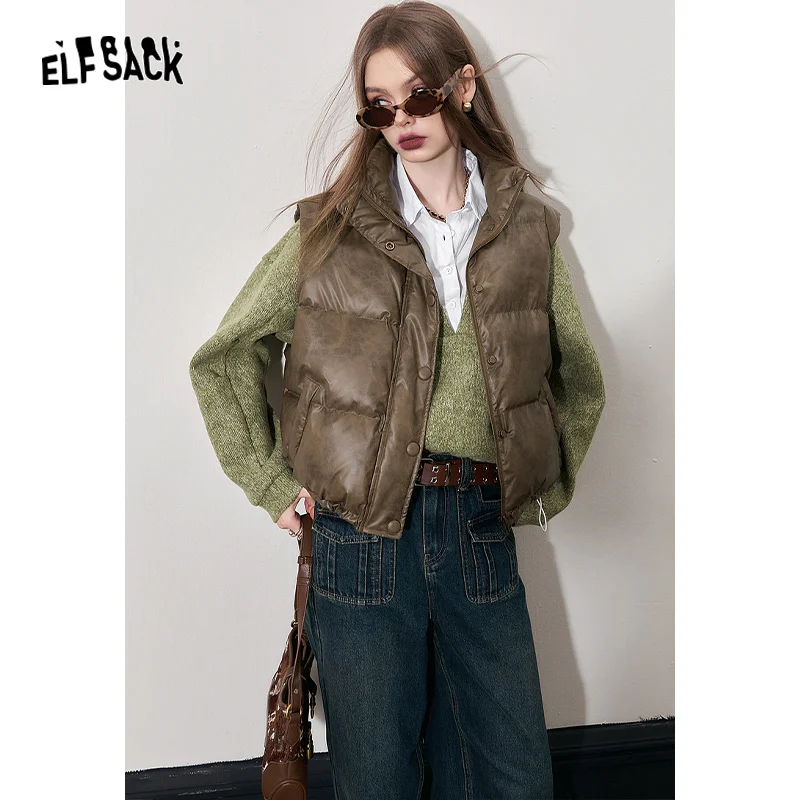 ELFSACK Brown PU Down Vest Women 2023 Winter Retro Warm Outwears