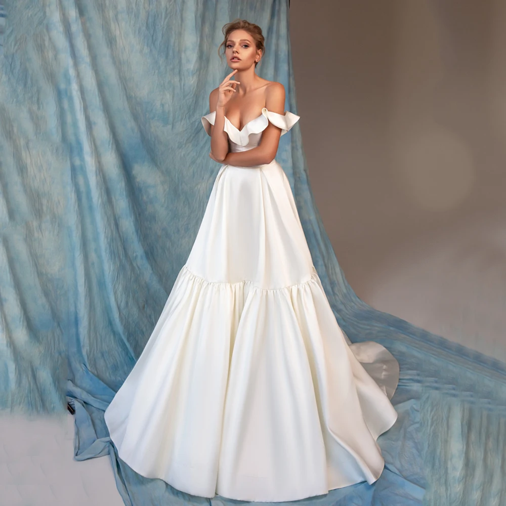 

Sexy Bridal Wedding Dress Ruffled Card Shoulder Open Back Stitching A-line and Floor-length Satin Bride Marriage Dresses