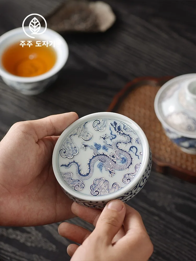 수제 은도금 청백 구름 무늬 용 모양 컵받침, 작은 자색 점토 냄비 뚜껑 받침, 다도 용품 선물