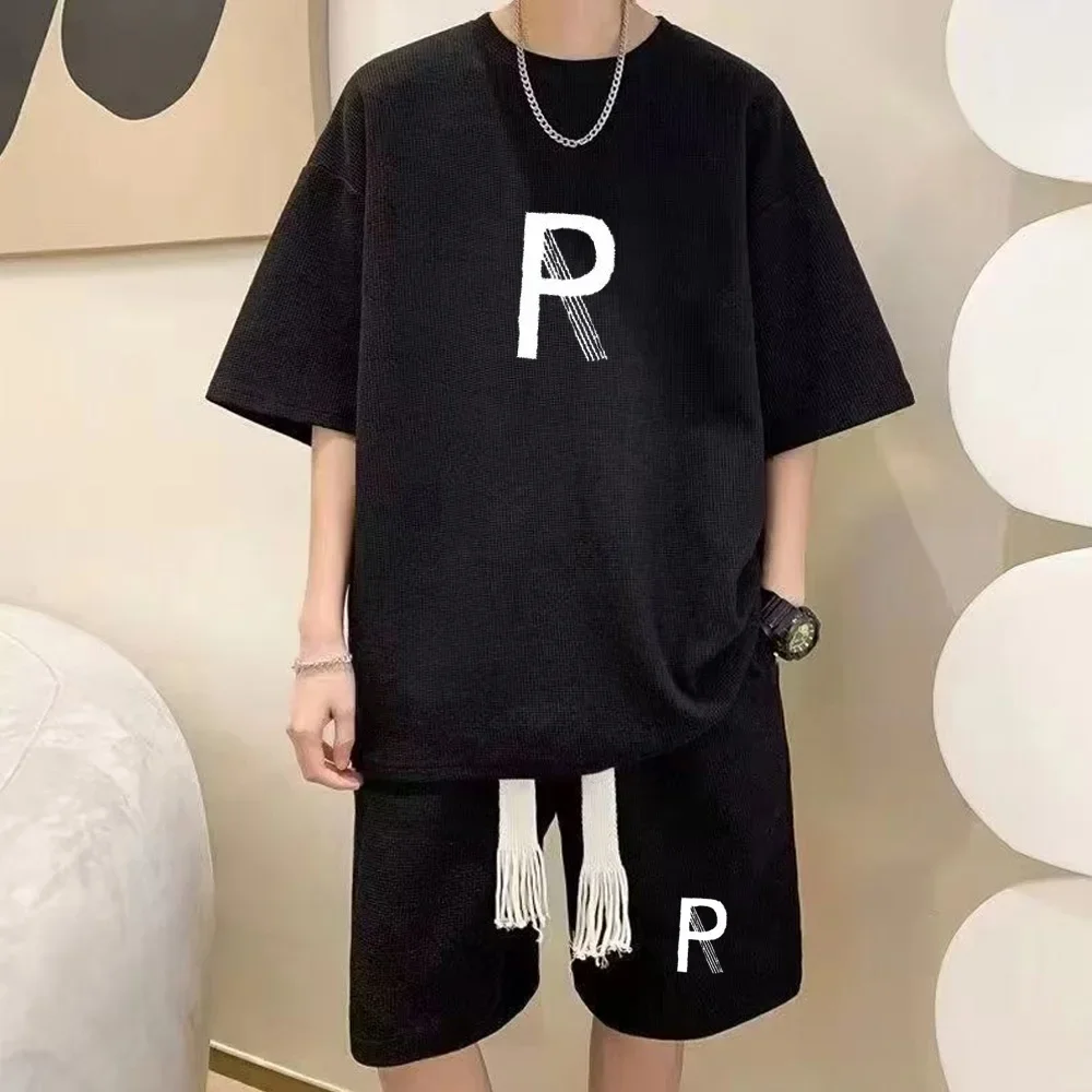 thumbnail image 1 of Conjunto deportivo informal coreano de verano con capucha y estampado de gofres para hombre, pantalones cortos holgados de manga corta, conjunto de 2 piezas, chándal con estampado de moda, 1 of 5