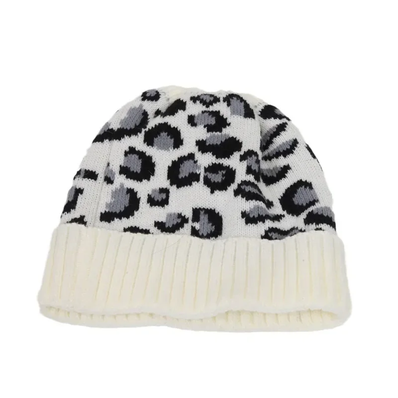 

Dome Leopard Pattern Beanie Caps Winter Women's Horsetail Hat Autumn Winter Warm Ear Protection Wool Knitted Bobble Hats