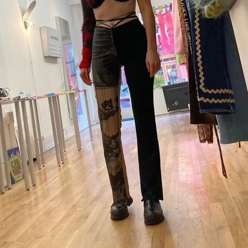 Gothic Y2k Women's Pants Punk Sexy Waist Tether Suckling Tie Dye Printing Contrast Color Stitching Trousers Street Wear Woman
