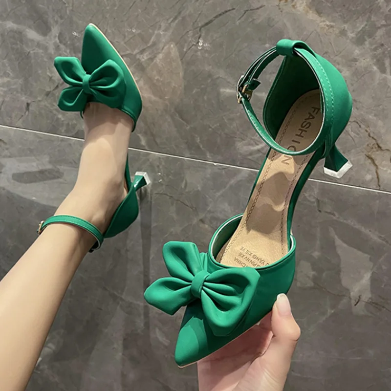 

2023 New Sweet Bowknot High Heels - Women's Green Ankle Strap Pumps with Sexy Pointed Toe for Parties
