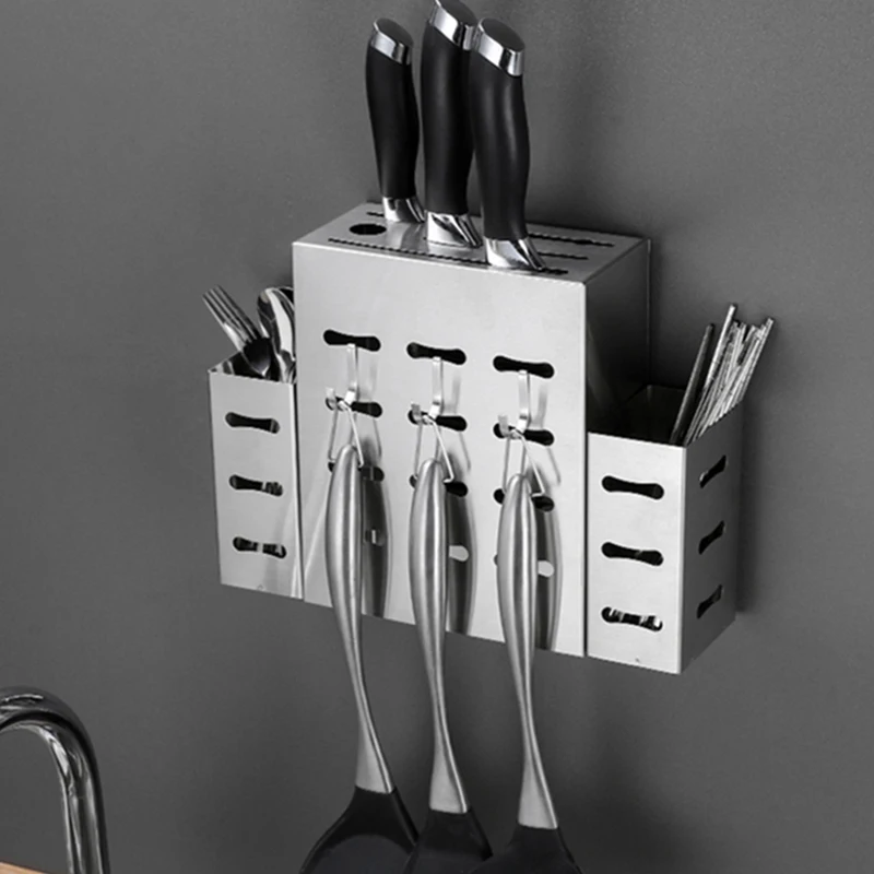 Stainless Steel Mounted Stand Knife Holder,Cutlery Storage Rack,Spoon Forks Organizer,Container with Drying Drainer