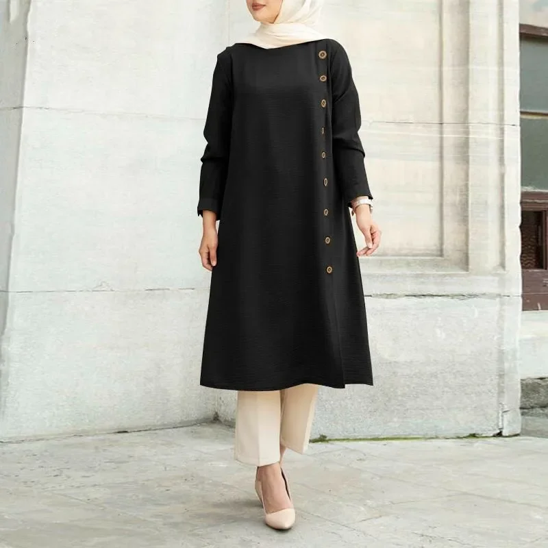 New Muslim Loose Casual Long Sleeves Fastener Decoration Women's Long Sleeve Shirt Dress Middle East kaftan  dress  prom dress