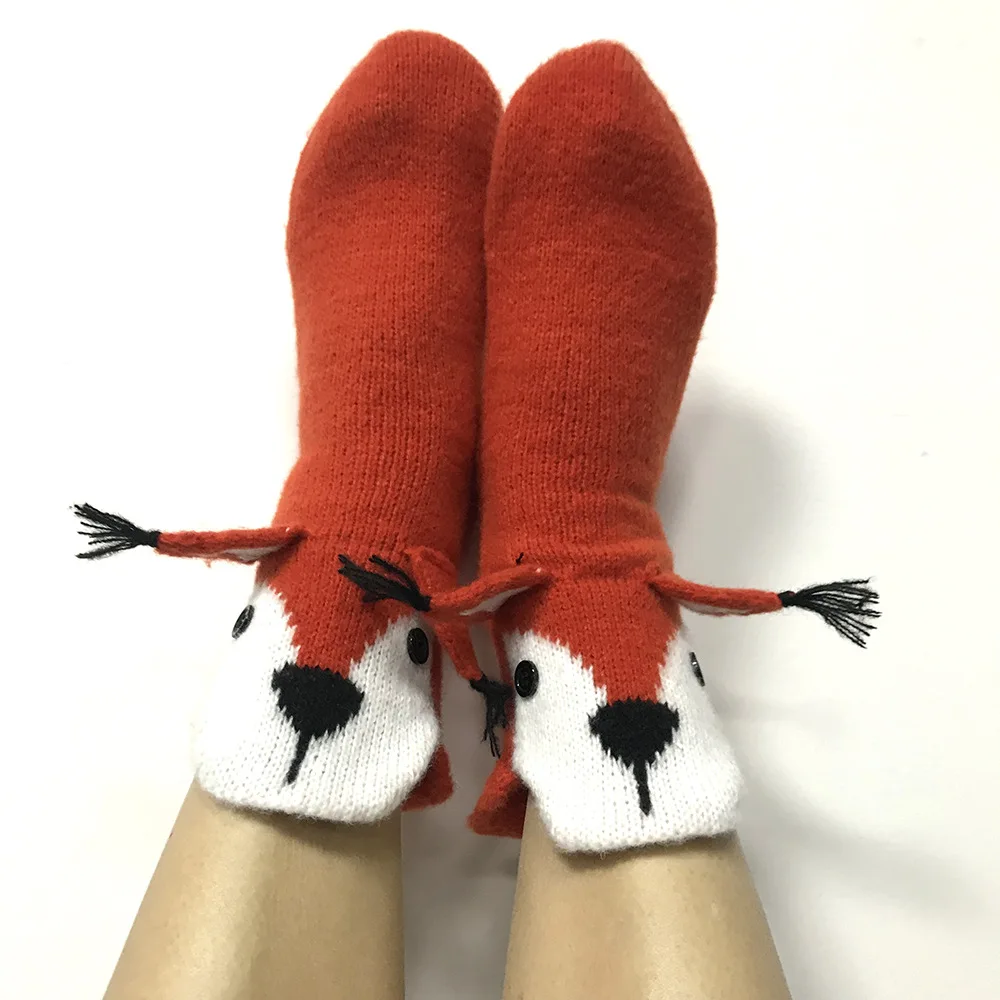 

New Fall And Winter Three-dimensional Ears Cartoon Animal Floor Socks Cute Red Squirrel Warm Mid-Calf Home Knitted Socks