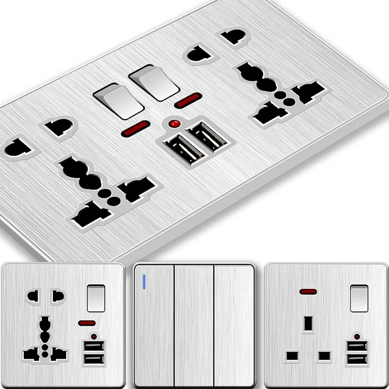 Silver UK Light Wall Switches Sockets 1Gang 2Way British Standard 13amp