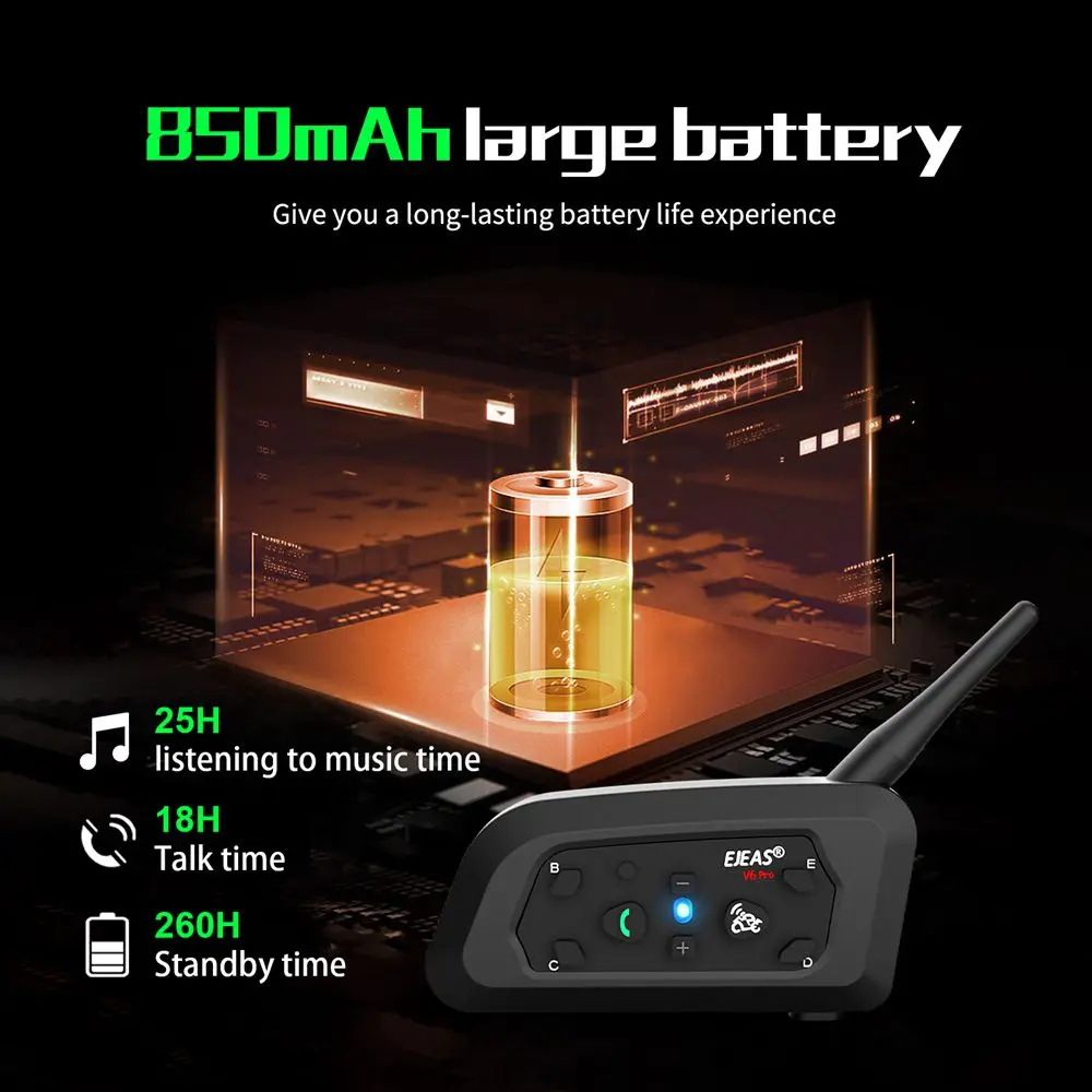 Ejeas v6 pro + motorrad intercom helm bluetooth headset 6 fahrer 800m kommunikator wasserdicht v 5,1 musik player sprechanlage – Detail 7