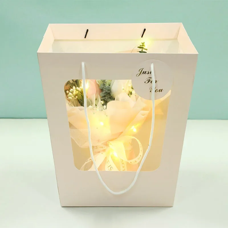 Trapezoidal Windowed Tote Bag Doll Bouquet Packaging Gift Paper Bag Flower Potted Plant Paper Transparent Flower Tote