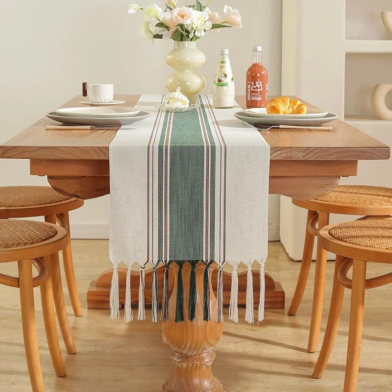 

Modern Style Striped Table Runner with Tassels Polyester Dining Table Tablecloth Wedding Home Table Decoration Table Runners