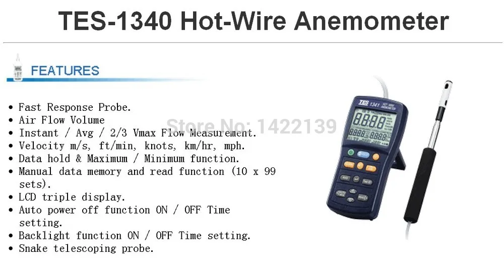 TES-1340 Hot Wire Digital Anemometer | Thermo Air Flow Wind Speed Meter High Accuracy Temperature Tester detail image 1