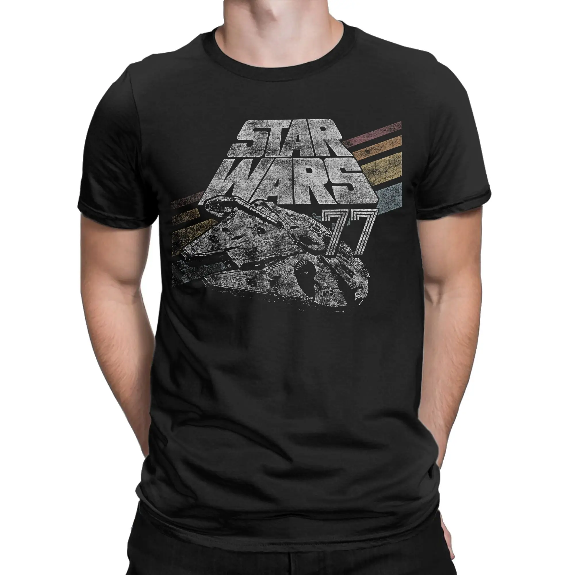 Sterne T-Shirts Männer Millennium Falcon 77, modisches T-Shirt aus reiner Baumwolle, Rundhalsausschnitt, kurzärmeliges T-Shirt, bedruckte Tops
