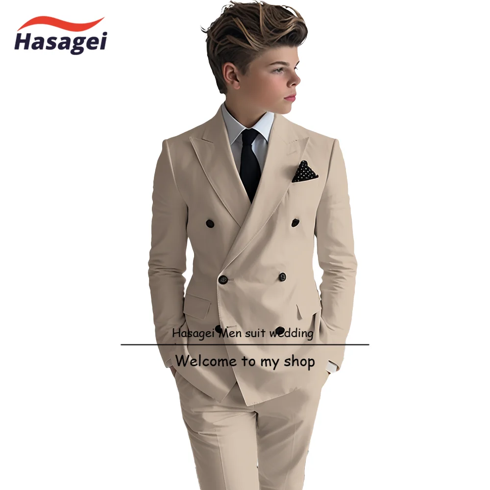 Beige Boys Suit Double Breasted Jacket Pants 2 Piece Set Fashion Wedding Kids Tuxedo Slim Fit Outfit Party Clothes