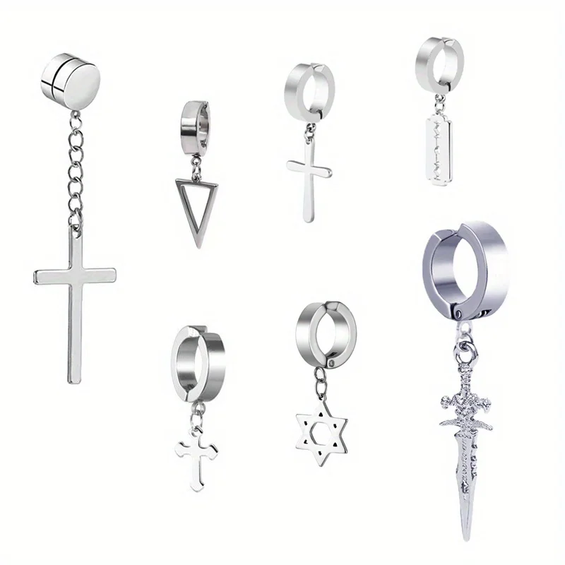 2pcs Fashionable Stainless Steel No Ear Holes Cross Ear Clip Non-Piercing Tassel Star Blade Earrings Jewelry For Men Women,ear clip earrings,clip earrings,ear clip,ear accessories