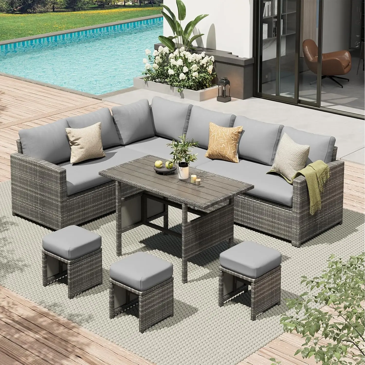 7pc Outdoor Patio Furniture Set Rattan Sectional Sofa Dining Table Chairs Ottoman All Weather Grey Cushions, Customized