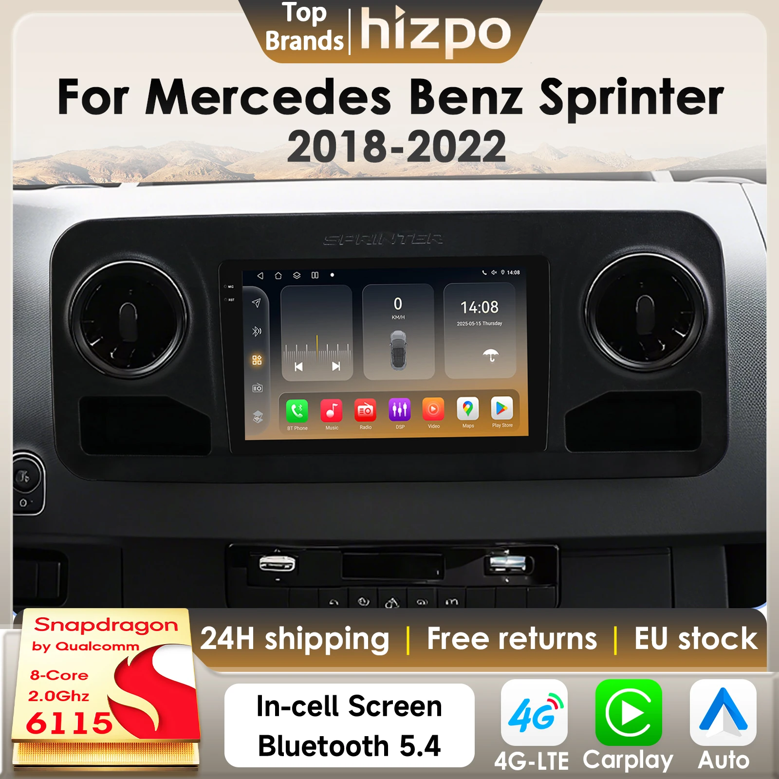 Hizpo 8 Core 2Din Android 14 Autoradio Für Mercedes Benz Sprinter 2018-2022 Auto Multimedia GPS 4G Carplay von Qualcomm Snapdragon
